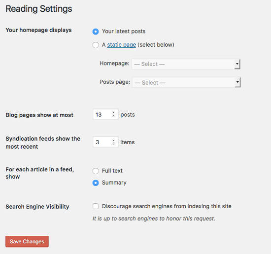 cara membuat blog WordPress Reading Settings WordPress