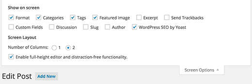 screen options WordPRess