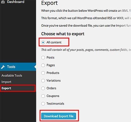 export file wordpress