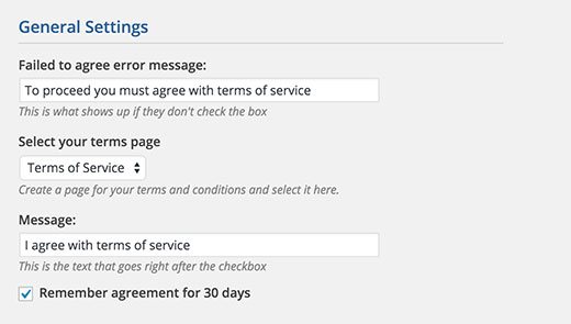agreeable-settings Terms of services wordpress