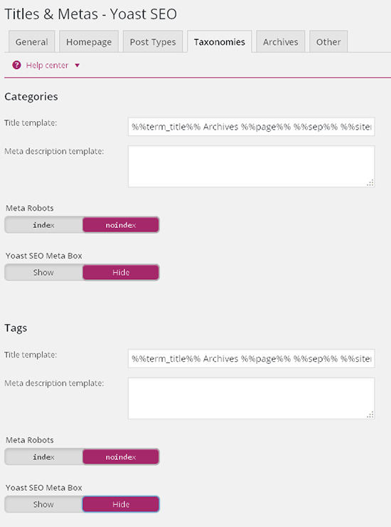 Taxonomies yoast seo