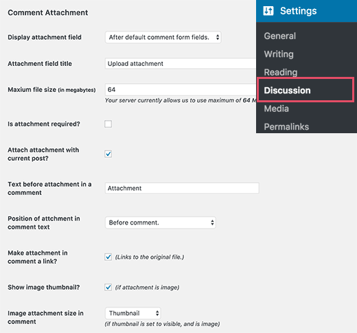 upload lampiran wordpress settings