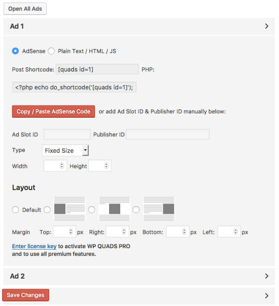 WP Quads Settings Code AdSense