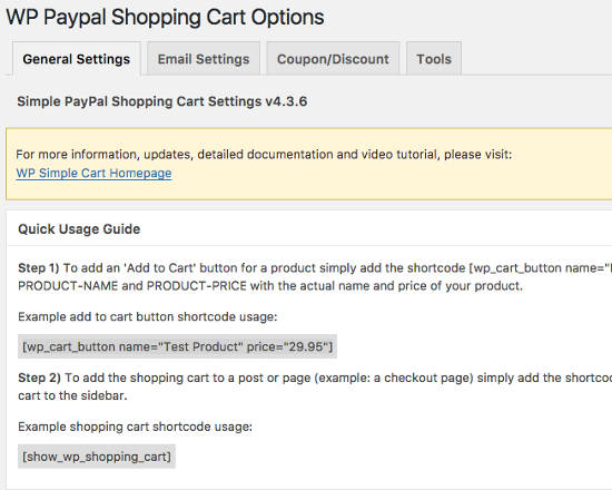 General Setting Simple PayPal Shopping Cart