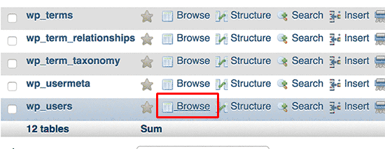 browse users table database