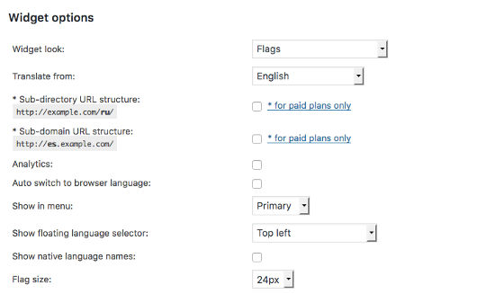 Widget Options GTranslate WordPress