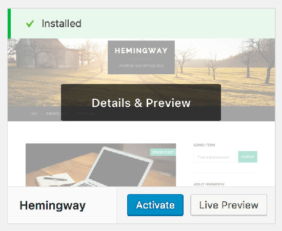 cara membuat blog WordPress theme install hemingway activate