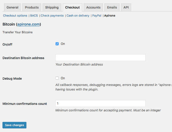 Plugin Apirone Bitcoin Setting WooCommerce