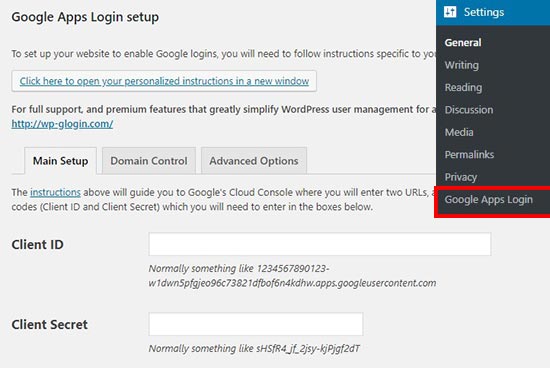 Login google satu klik app login settings WordPress