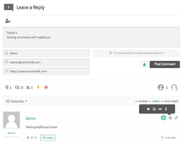 wpDiscuz komentar WordPress Testing