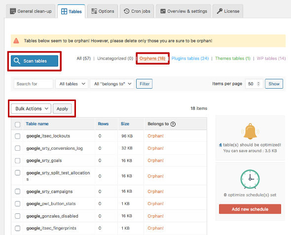 Advanced Database Cleaner Tables