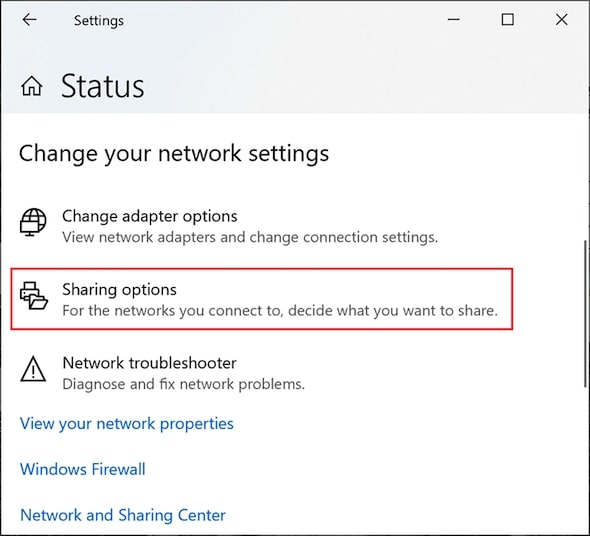 Windows Network Sharing Settings Menu