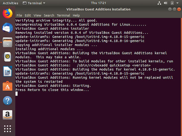 guest additions install complete ubuntu 18