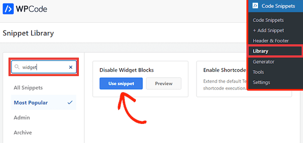 menonaktifkan widget block snippet wpcode
