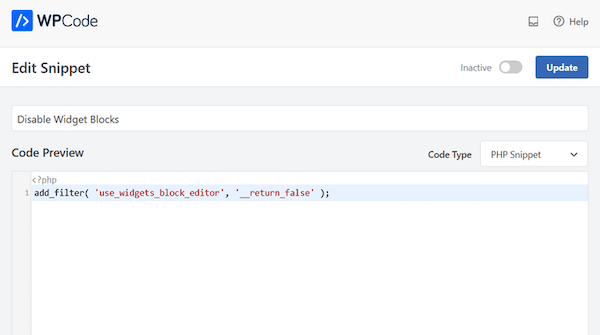wpcode disable widget blocks snippet